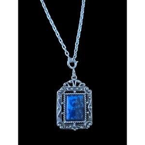 Vintage Sarah Coventry Necklace Roman Holiday Blue Stone Silver Tone Ornate 23"